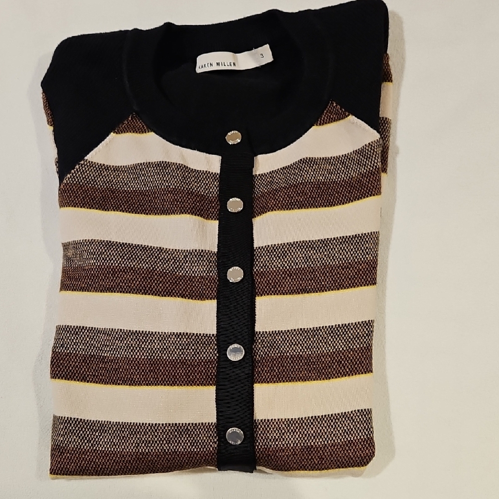 KAREN MILLEN STRIPED SNAP CARDIGAN SIZE 3 - Picture 2 of 11